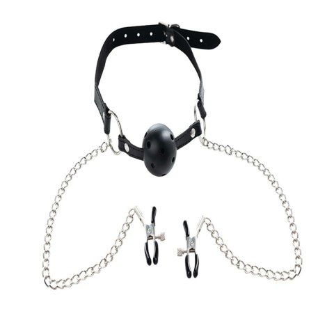 Breathable ball gag with adjustable nipple
clamps.