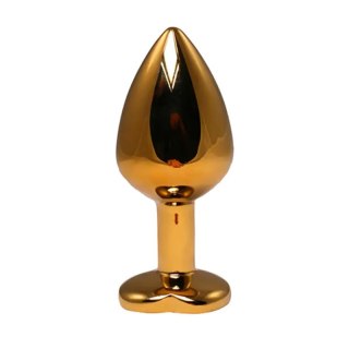Gold medium heart-shaped butt plug with pink crystal