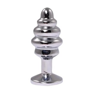 Silver medium ribbed butt plug with pink crystal