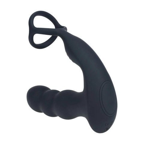 Dual Vibrating Remote Rotating Head Silicone Prostate Stimulator with Cock and Ball Ring - Black