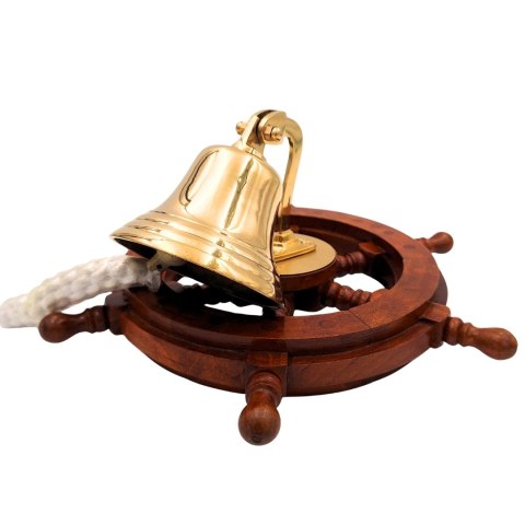 Dzwon Okrętowy Mosiężny w Kole Sterowym - Dekoracja Marynistyczna - NC2356A