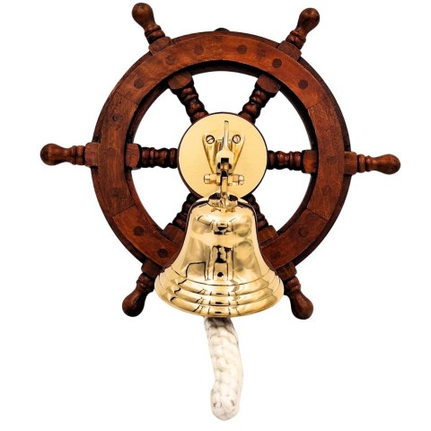 Dzwon Okrętowy Mosiężny w Kole Sterowym - Dekoracja Marynistyczna - NC2356A