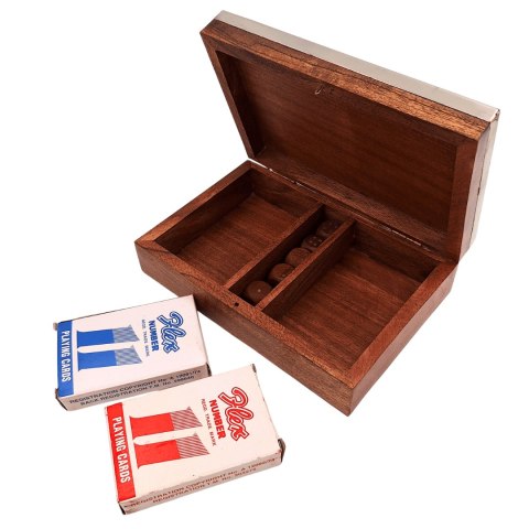 Dwie Talie Kart i Kości do Gry w Pudełku Drewnianym z Aluminiowym Topem - DC-004