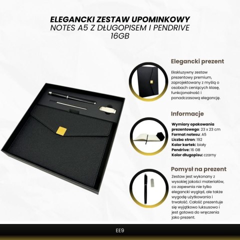 Elegancki Zestaw Prezentowy Premium - Notes A5 z Długopisem i Pendrive 16GB w Pudełku - Czarno-złoty - EE9