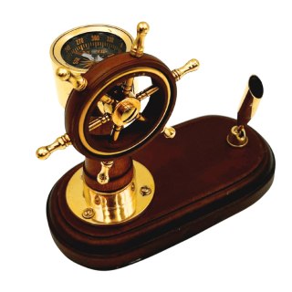 Elegancki Zestaw na Biurko Koło Sterowe i Kompas z Uchwytem na Długopis - Drewno Mosiądz - TT017