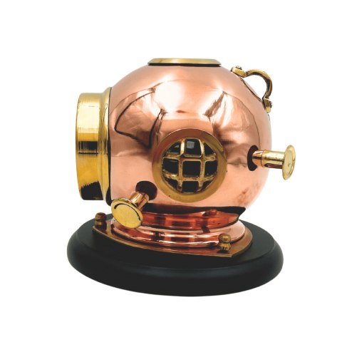 Zegar Biurkowy Hełm Nurka z Kompasem - Mosiężny na Drewnianej Podstawie - TC032