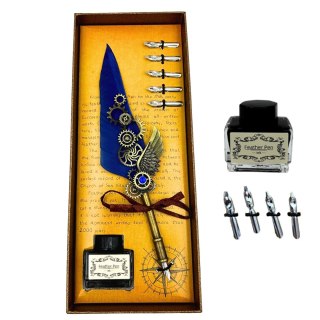 Zestaw do Kaligrafii Retro z Niebieskim Piórem Gęsim Vintage 6 Stalówek Atrament Prezent - EE11