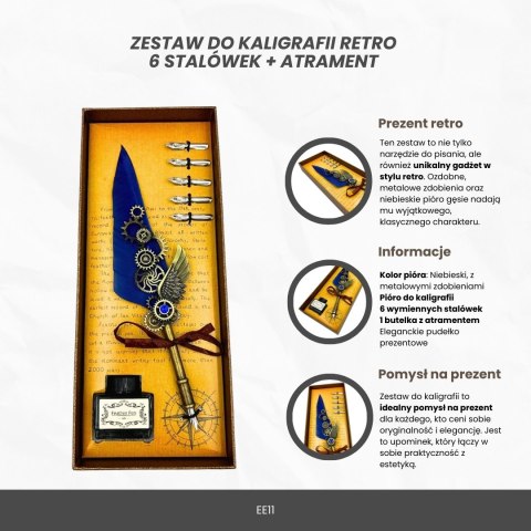 Zestaw do Kaligrafii Retro z Niebieskim Piórem Gęsim Vintage 6 Stalówek Atrament Prezent - EE11