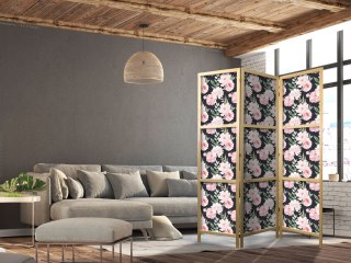 Parawan japoński - Piwonie - różowe kwiaty i zielone listki na grafitowym tle