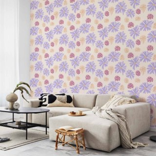 Tapeta - Latające kwiatuszki - Drobne - unoszące się na wietrze kwiatki w trzech kolorach - na jasnym tle