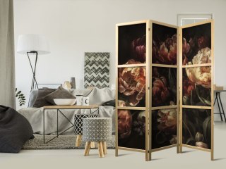 Parawan japoński - Okazałe tulipany - bukiet kwiatów w czerwieni i bieli na czarnym tle