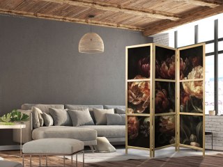 Parawan japoński - Okazałe tulipany - bukiet kwiatów w czerwieni i bieli na czarnym tle