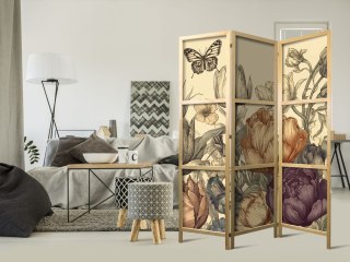 Parawan japoński - Tulipany w kremie - ilustracja kwiatów i motyli na jasnym tle