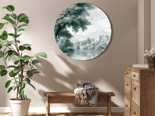 Obraz okrągły - Pejzaż z parkiem i jeziorem w retro zieleniach