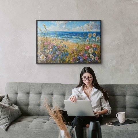 Plakat - Morski krajobraz - polne kwiaty i widok na wzburzone morze