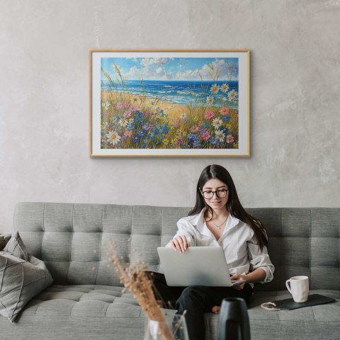 Plakat - Morski krajobraz - polne kwiaty i widok na wzburzone morze