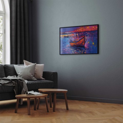 Plakat - Nowoczesny impresjonizm - nocny krajobraz jeziora z pływającą łódką