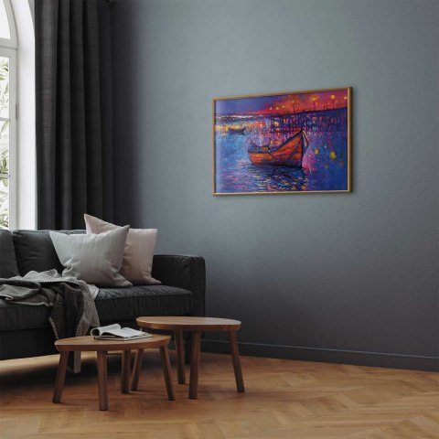 Plakat - Nowoczesny impresjonizm - nocny krajobraz jeziora z pływającą łódką