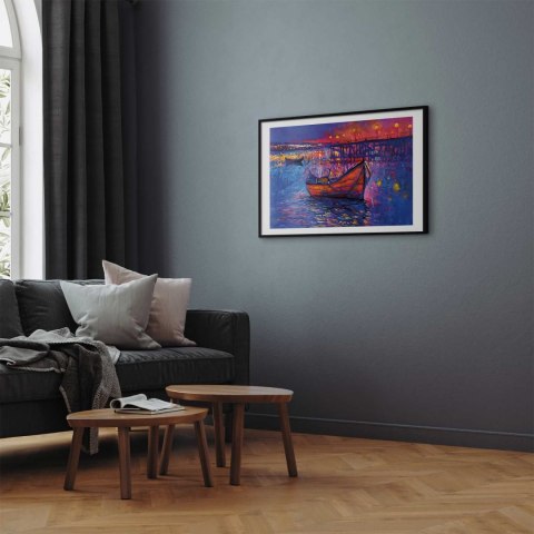 Plakat - Nowoczesny impresjonizm - nocny krajobraz jeziora z pływającą łódką