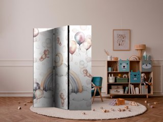 Parawan - Pluszowe misie z balonikami - Latające jasno-brązowe misie pośród balonów - chmur i tęczy w stonowanej - pastelowej ko