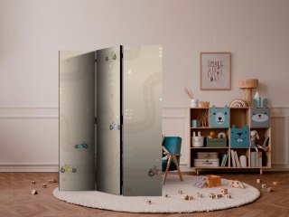 Parawan - Wyścig - kolorowe autka na drodze na beżowym tle w gwiazdki