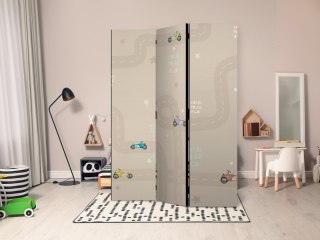 Parawan - Wyścig - kolorowe autka na drodze na beżowym tle w gwiazdki