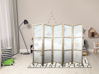 Parawan japoński - Balony na niebie - Balony w pastelowych barwach latające po zachmurzonym niebie - wśród tęczy i gwiazd