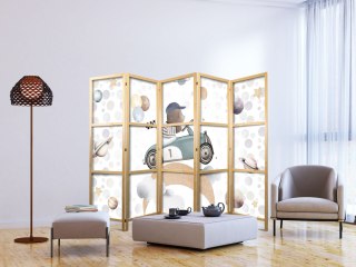 Parawan japoński - Galaktyczne zawody - Miś biorący udział w wyścigach samochodowych pośród planet - chmur i gwiazd w pastelowej