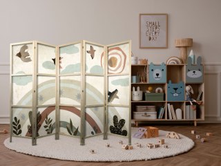 Parawan japoński - Słońce ponad tęczą - Ptaki w stonowanej kolorystyce - latające wśród chmur ponad tęczą i roślinnością na jasn