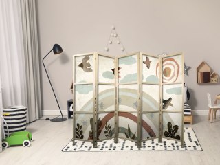 Parawan japoński - Słońce ponad tęczą - Ptaki w stonowanej kolorystyce - latające wśród chmur ponad tęczą i roślinnością na jasn