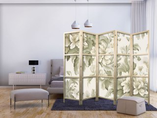 Parawan japoński - Retro vintage kwiaty w delikatnych kolorach kremowych i zielonych