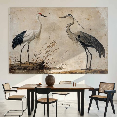Obraz XXL - Ptaki ze starej ryciny - ilustracja w stylu vintage, przedstawiająca czaplę i żurawia