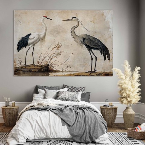 Obraz XXL - Ptaki ze starej ryciny - ilustracja w stylu vintage, przedstawiająca czaplę i żurawia
