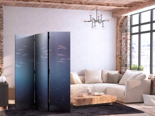 Parawan - Ławica małych rybek - Rozświetlona oceaniczna toń w barwach granatu fioletu i szarości z ławicą drobnych rybek