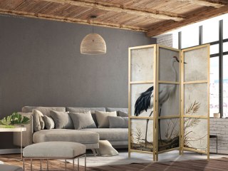 Parawan japoński - Ptaki ze starej ryciny - ilustracja w stylu vintage, przedstawiająca czaplę i żurawia