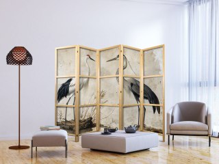 Parawan japoński - Ptaki ze starej ryciny - ilustracja w stylu vintage, przedstawiająca czaplę i żurawia