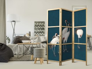 Parawan japoński - Wieczór nad stawem - grupa żurawi narysowana suchą pastelą, na ciemno-turkusowym tle