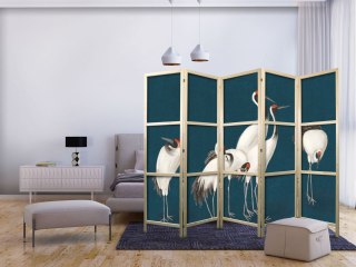 Parawan japoński - Wieczór nad stawem - grupa żurawi narysowana suchą pastelą, na ciemno-turkusowym tle