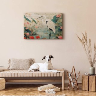 Obraz - Nad azjatyckim stawem - ilustracja w stylu japońskiej ryciny, przedstawiająca czaplę