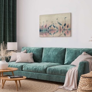 Obraz - Ptaki nad jeziorem - czaple malowane akwarelą w delikatnej, szaro-różowej kolorystyce