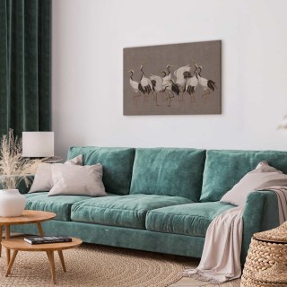 Obraz - Taniec żurawi - jasne sylwetki ptaków na ciepło-szarym tle z fakturą