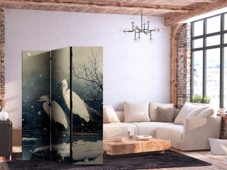 Parawan - Czaple nad zimowym stawem - ilustracja w stylu japońskiego w ciemnej kolorystyce