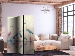 Parawan - Ptaki nad jeziorem - czaple malowane akwarelą w delikatnej, szaro-różowej kolorystyce