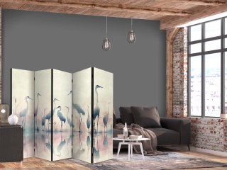 Parawan - Ptaki nad jeziorem - czaple malowane akwarelą w delikatnej, szaro-różowej kolorystyce