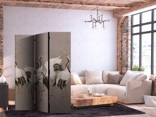 Parawan - Taniec żurawi - jasne sylwetki ptaków na ciepło-szarym tle z fakturą