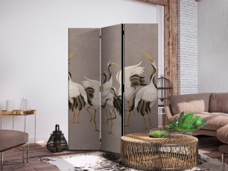 Parawan - Taniec żurawi - jasne sylwetki ptaków na ciepło-szarym tle z fakturą