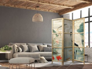 Parawan japoński - Nad azjatyckim stawem - ilustracja w stylu japońskiej ryciny, przedstawiająca czaplę