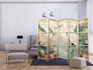 Parawan japoński - Nad azjatyckim stawem - ilustracja w stylu japońskiej ryciny, przedstawiająca czaplę