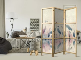 Parawan japoński - Ptaki nad jeziorem - czaple malowane akwarelą w delikatnej, szaro-różowej kolorystyce