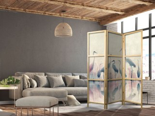 Parawan japoński - Ptaki nad jeziorem - czaple malowane akwarelą w delikatnej, szaro-różowej kolorystyce